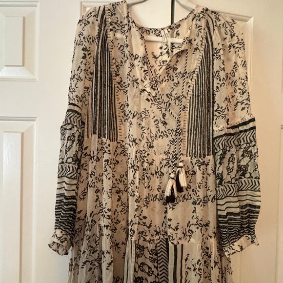 Anthropologie Talulah Tiered Midi Dress Cream Black Boho Tiered Patterned Boho - Picture 4 of 9